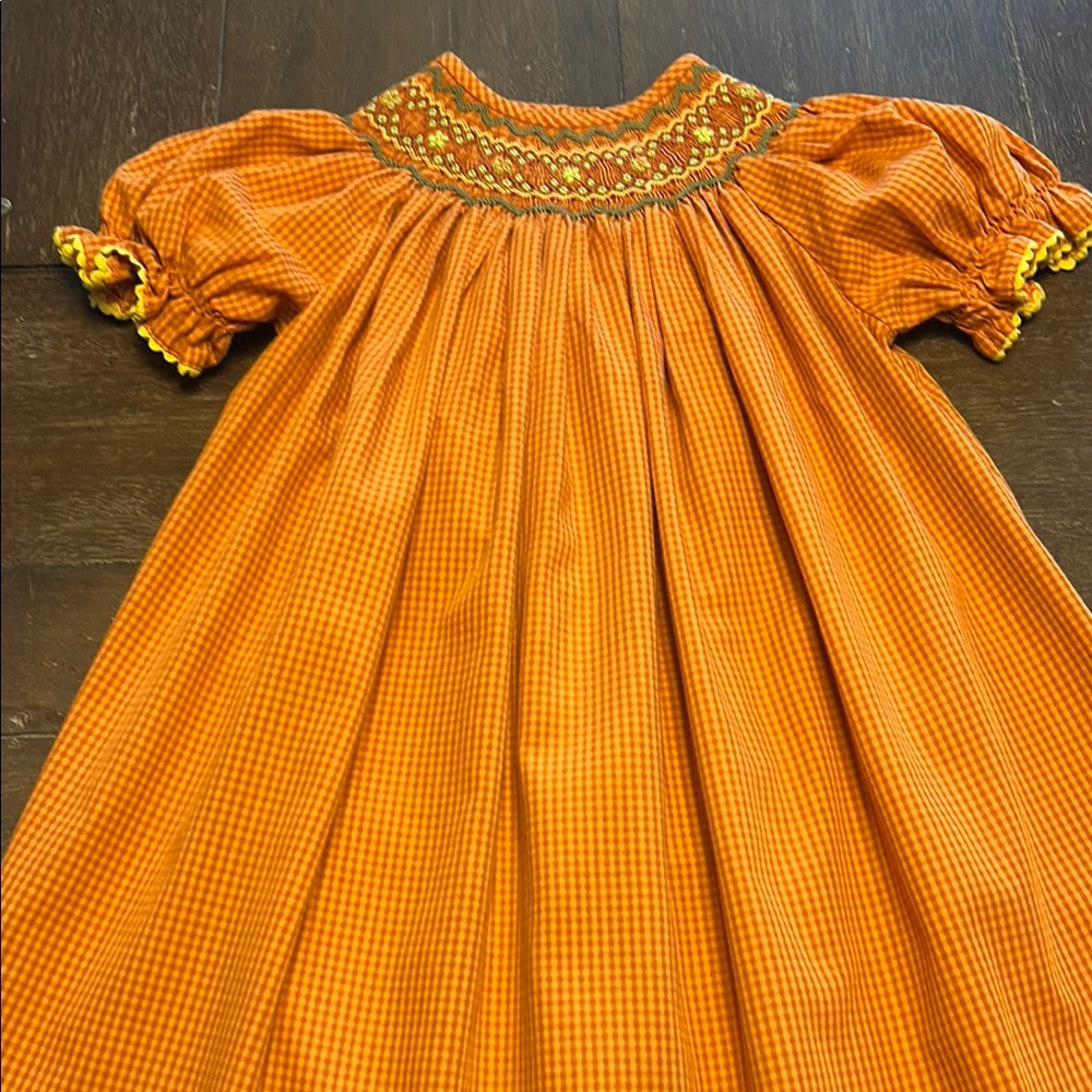 Silly Goose Smocked Green Flowers Orange Check Dress